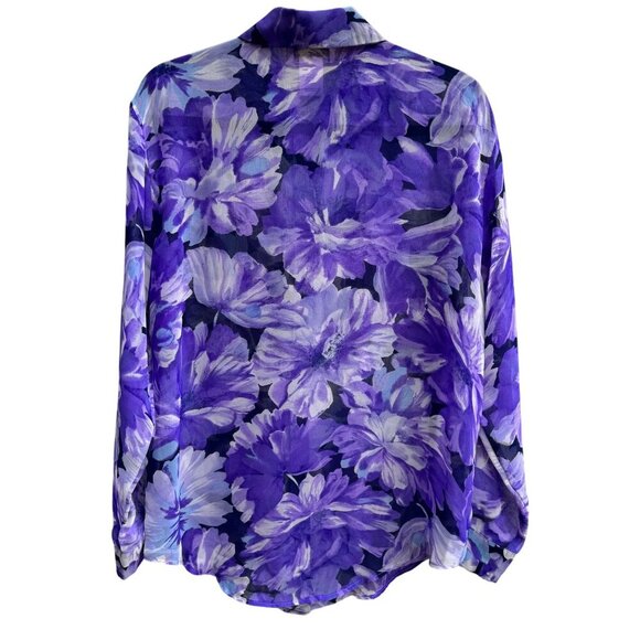 Graver Studio Womens Purple Floral Button-Up Semi Sheer Long Sleeve Boho Blouse - Picture 2 of 9